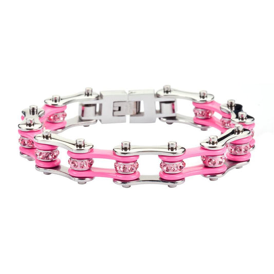 1/2" Wide Two Tone Silver Pink with Pink Crystal Rollers Stainless Steel Motorcycle Bike Chain Bracelet