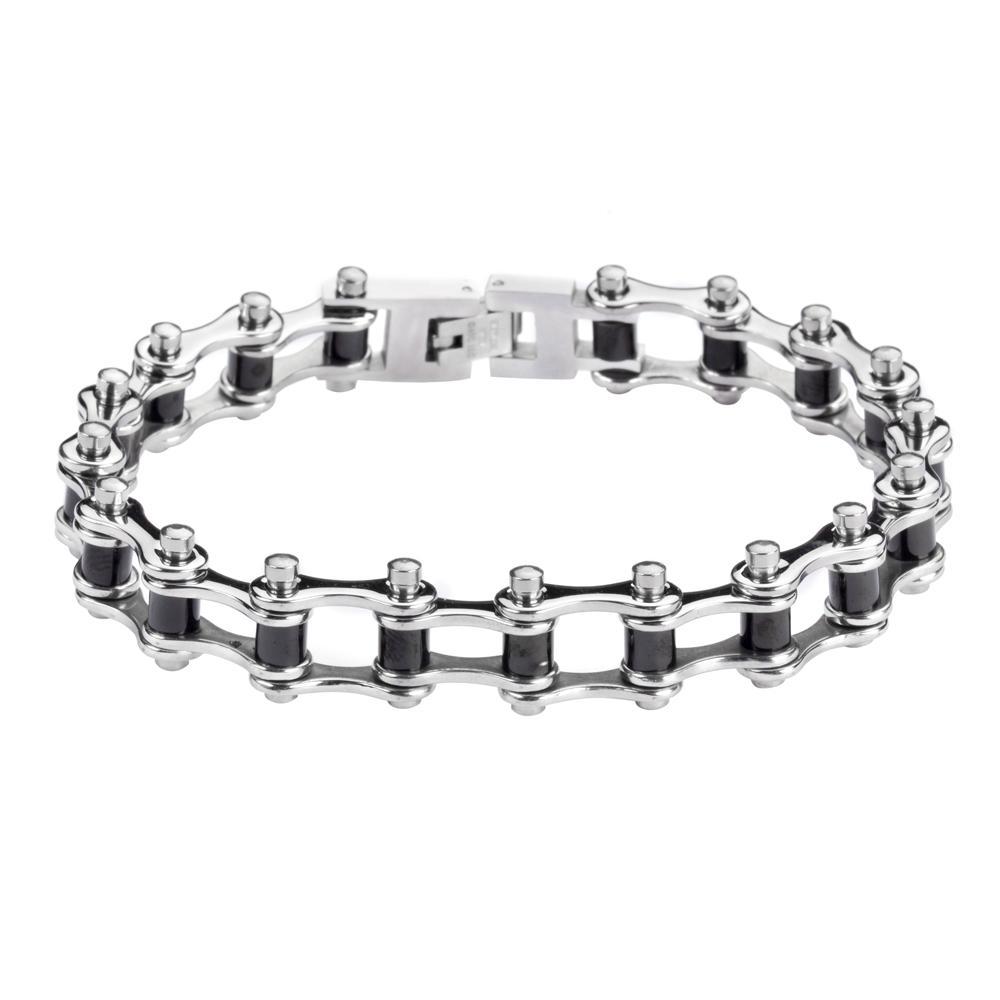 1/2" Wide Two Tone Silver Black Rollers Stainless Steel Motorcycle Bike Chain Bracelet