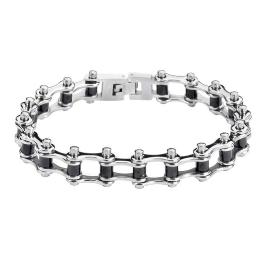 1/2" Wide Two Tone Silver Black Rollers Stainless Steel Motorcycle Bike Chain Bracelet 
