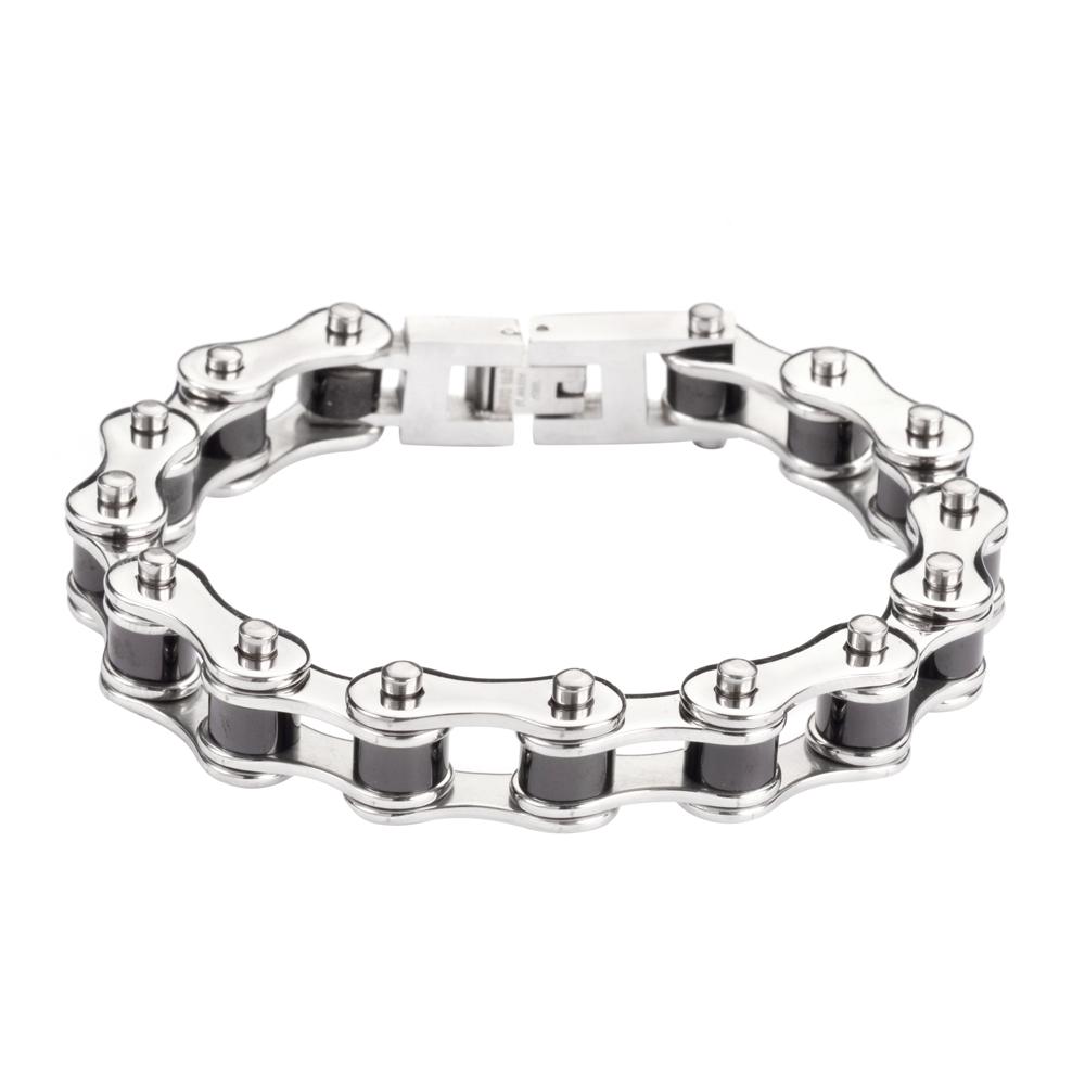 Two Tone Silver Black Rollers 1/2" Wide Original Design Stainless Steel Motorcycle Chain Bracelet