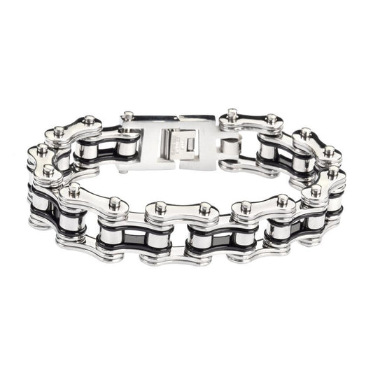 Two Tone Silver Black 3/4" Wide Double Link DesignUnisex Stainless Steel Motorcycle Chain Bracelet