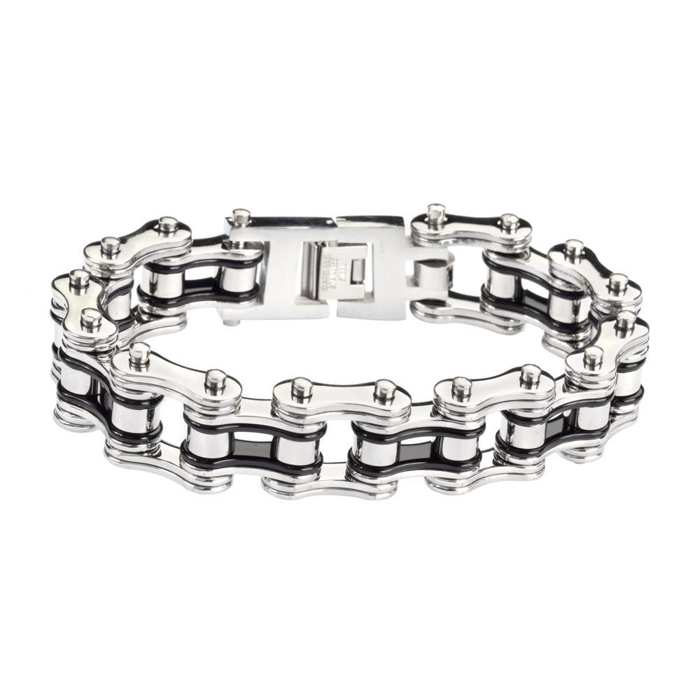 Two Tone Silver Black 3/4" Wide Double Link DesignUnisex Stainless Steel Motorcycle Chain Bracelet