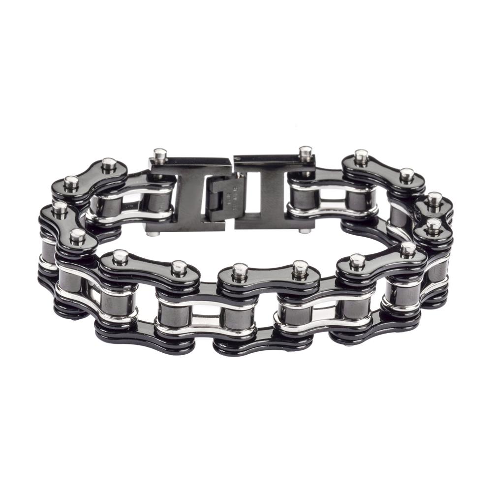 Two Tone Black Silver 3/4" Wide Double Link DesignUnisex Stainless Steel Motorcycle Chain Bracelet