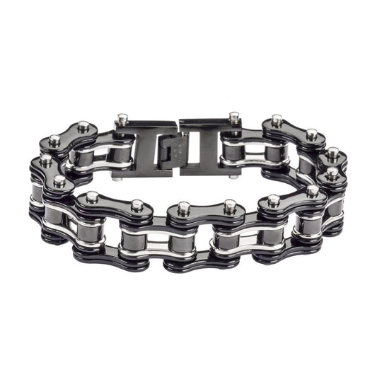 Two Tone Black Silver 3/4" Wide Double Link DesignUnisex Stainless Steel Motorcycle Chain Bracelet