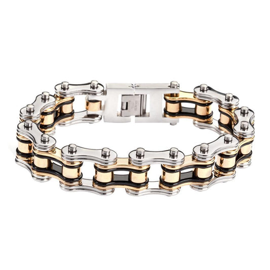 Tri-Color Black Silver Gold 3/4" Wide Double Link DesignUnisex Stainless Steel Motorcycle Chain Bracelet