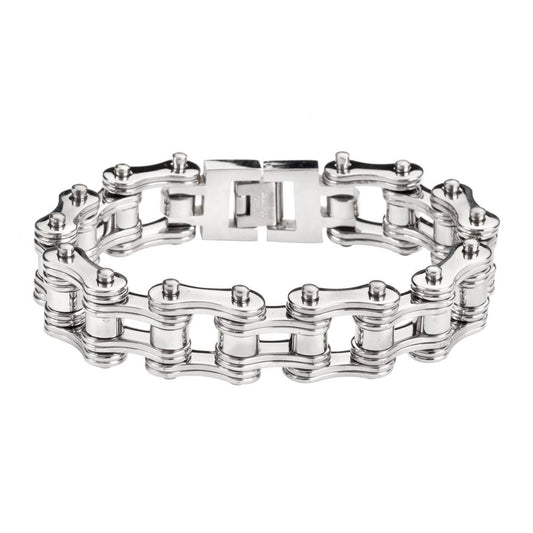 All Silver Tone Double Link 3/4" Wide Design Unisex Stainless Steel Motorcycle Chain Bracelet