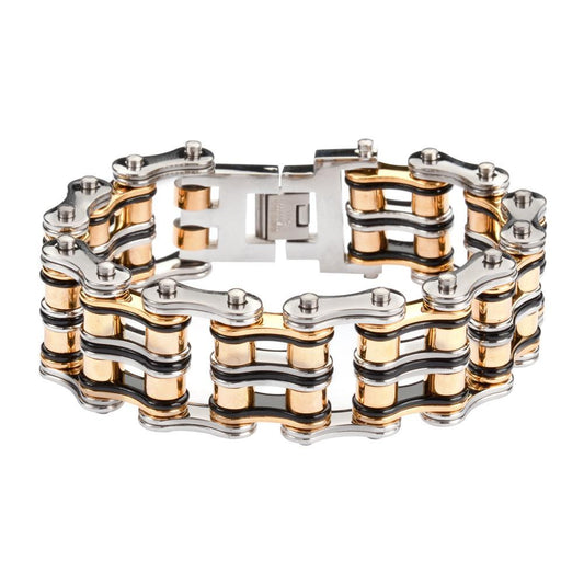 1" Wide Tri-Color Black Silver GoldUnisex Stainless Steel Motorcycle Chain Bracelet
