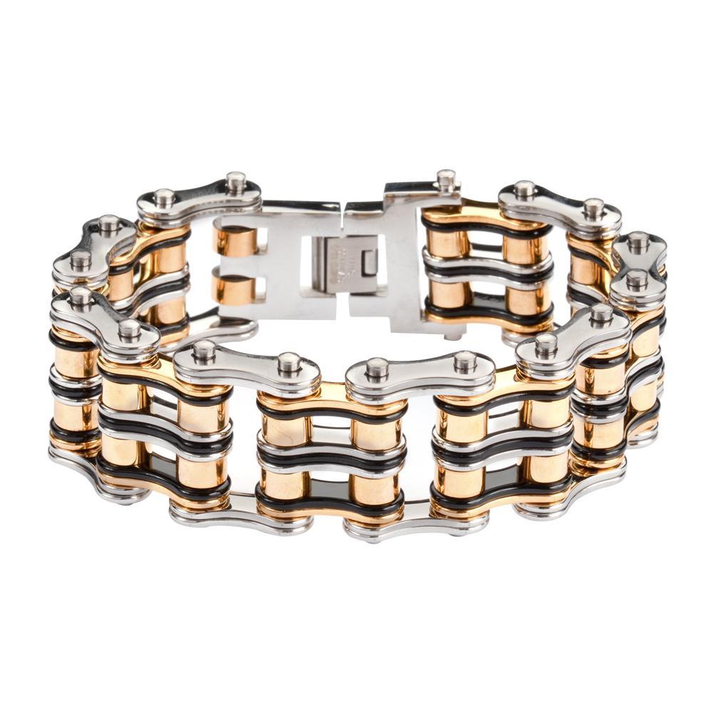 1" Wide Tri-Color Black Silver GoldUnisex Stainless Steel Motorcycle Chain Bracelet