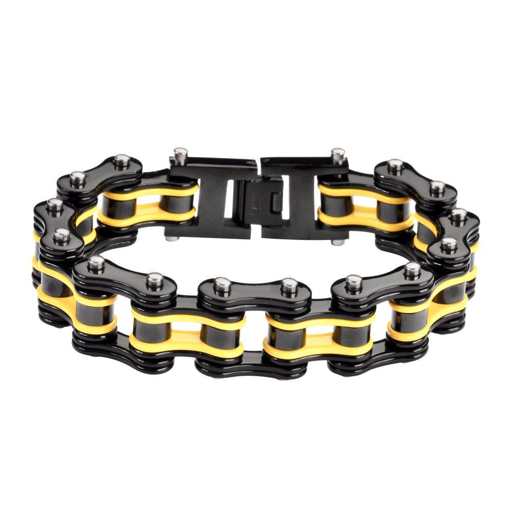 Two Tone Black Yellow 3/4" Wide Double Link DesignUnisex Stainless Steel Motorcycle Chain Bracelet