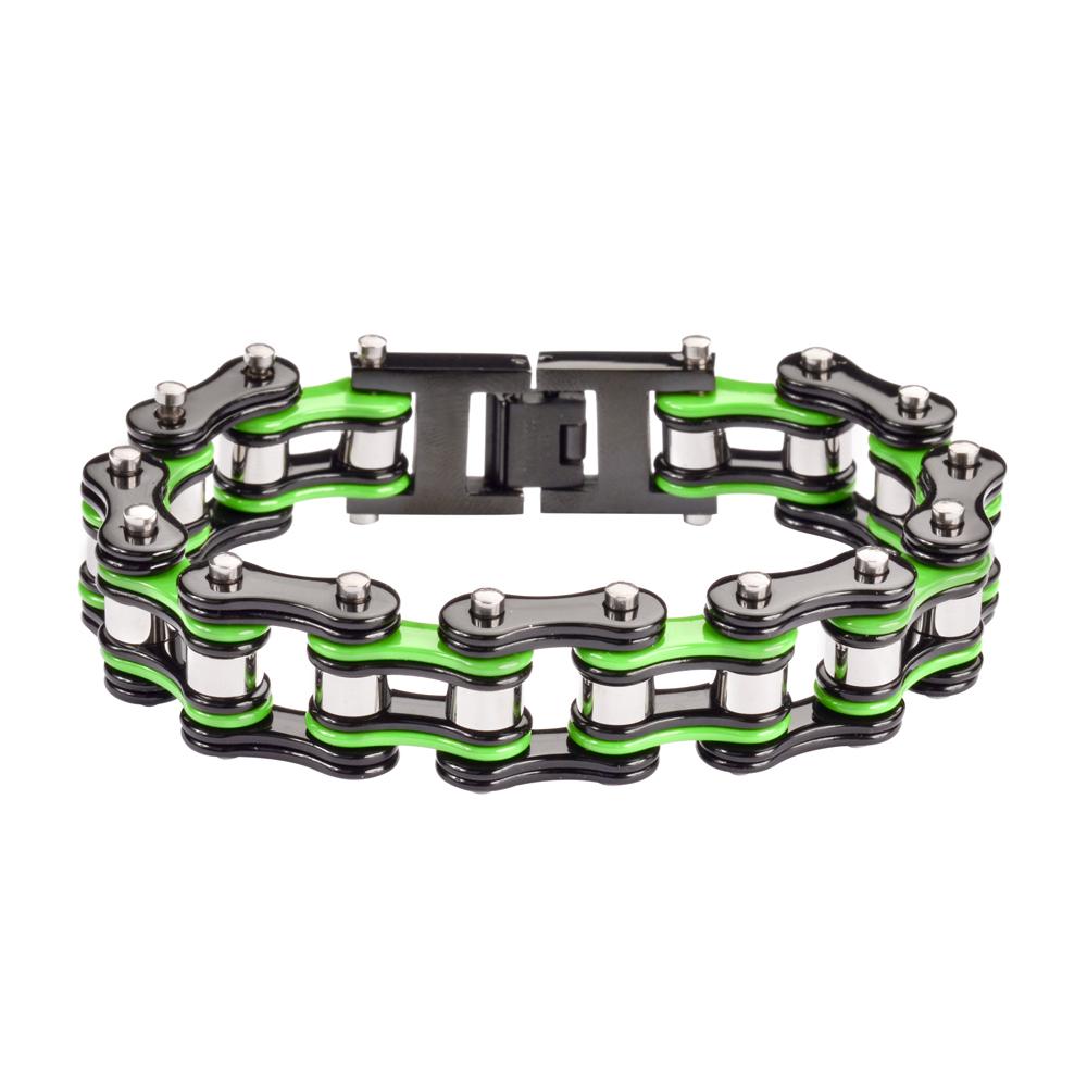 Black Green Silver 3/4" Wide Double Link DesignUnisex Stainless Steel Motorcycle Chain Bracelet