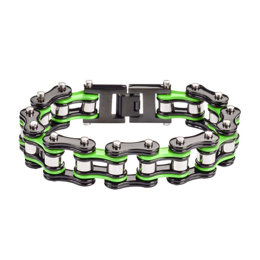 Black Green Silver 3/4" Wide Double Link DesignUnisex Stainless Steel Motorcycle Chain Bracelet