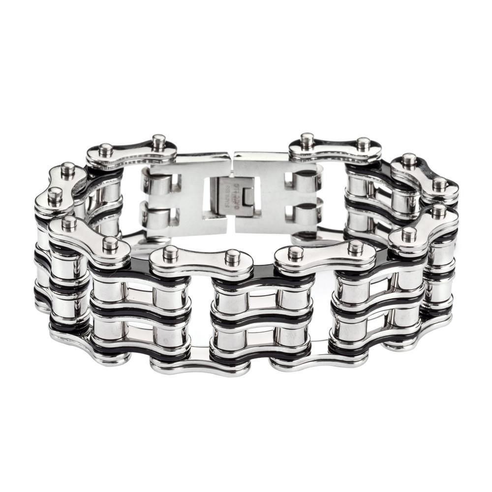 Two Tone Silver Black 1" WideUnisex Stainless Steel Motorcycle Chain Bracelet