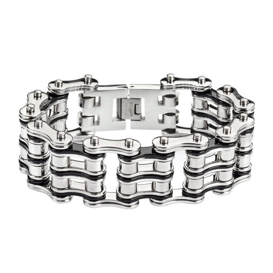 Two Tone Silver Black 1" WideUnisex Stainless Steel Motorcycle Chain Bracelet