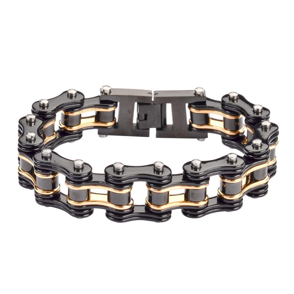 Two Tone Black Gold 3/4" Wide Double Link DesignUnisex Stainless Steel Motorcycle Chain Bracelet