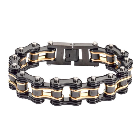Two Tone Black Gold 3/4" Wide Double Link DesignUnisex Stainless Steel Motorcycle Chain Bracelet