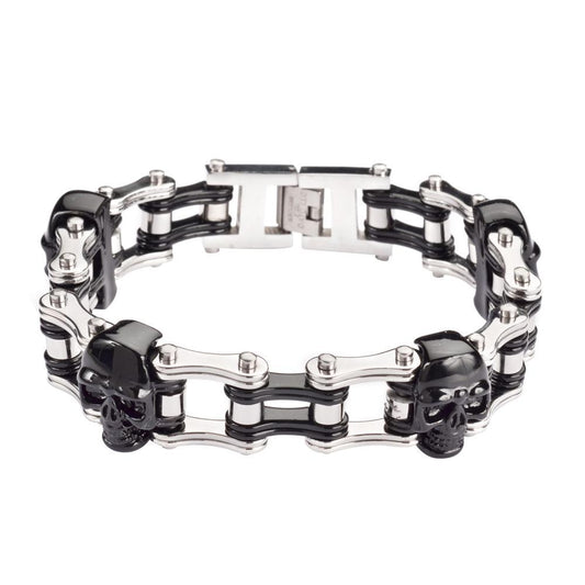 Two Tone Black Silver with 3/4" Wide Double Link DesignUnisex Stainless Steel Motorcycle Chain Bracelet