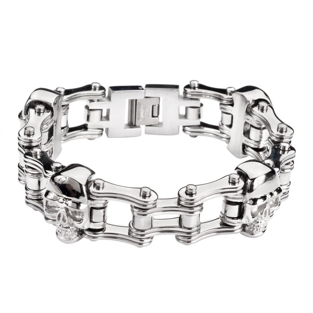 All Silver Tone Double Link Design 3/4" Wide withUnisex ALL Stainless Steel Motorcycle Chain Bracelet