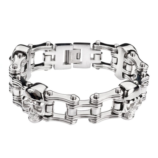 All Silver Tone Double Link Design 3/4" Wide withUnisex ALL Stainless Steel Motorcycle Chain Bracelet