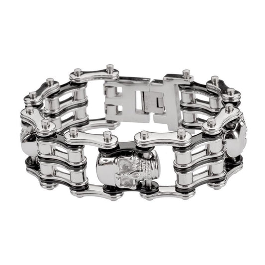 1" Wide Two Tone Silver BlackUnisex Stainless Steel Motorcycle Chain Bracelet