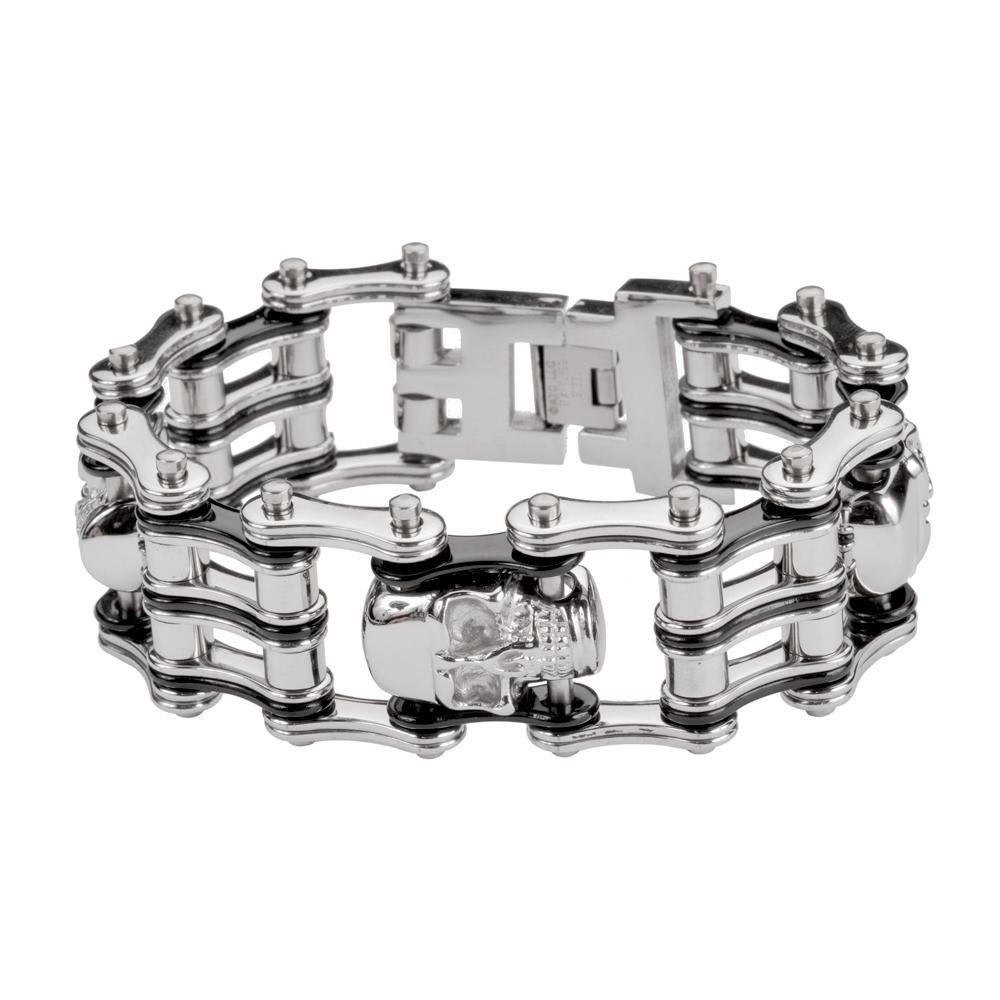 1" Wide Two Tone Silver Black 4Unisex Stainless Steel Motorcycle Chain Bracelet