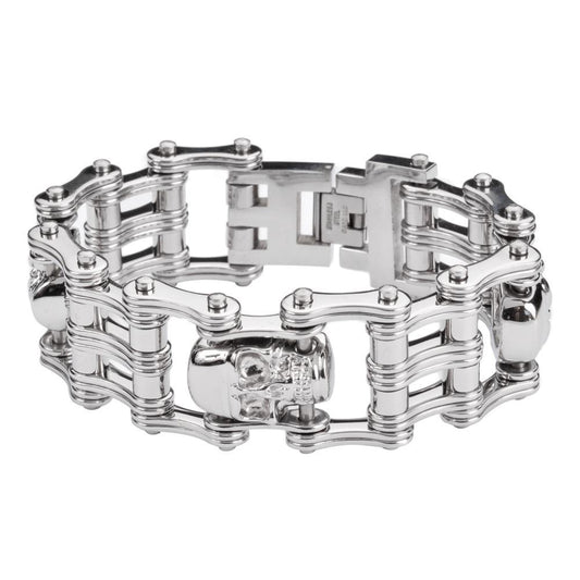 1" Wide All Silver Tone withUnisex Stainless Steel Motorcycle Chain Bracelet