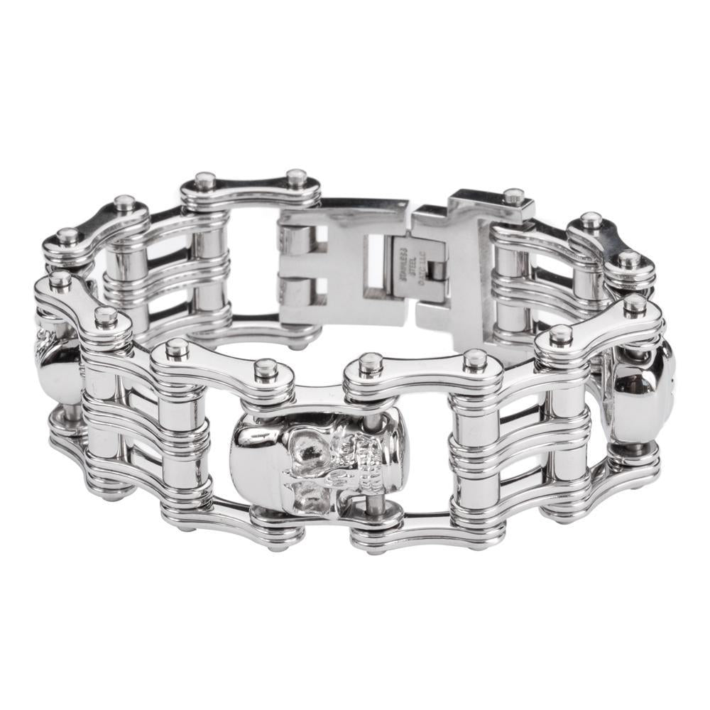 1" Wide All Silver Tone 3Unisex Stainless Steel Motorcycle Chain Bracelet