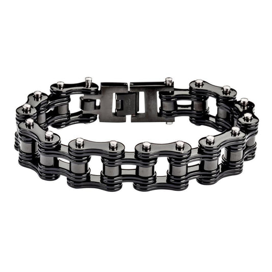 All Black Powder Coat 3/4" Wide Double Link DesignUnisex Stainless Steel Motorcycle Chain Bracelet