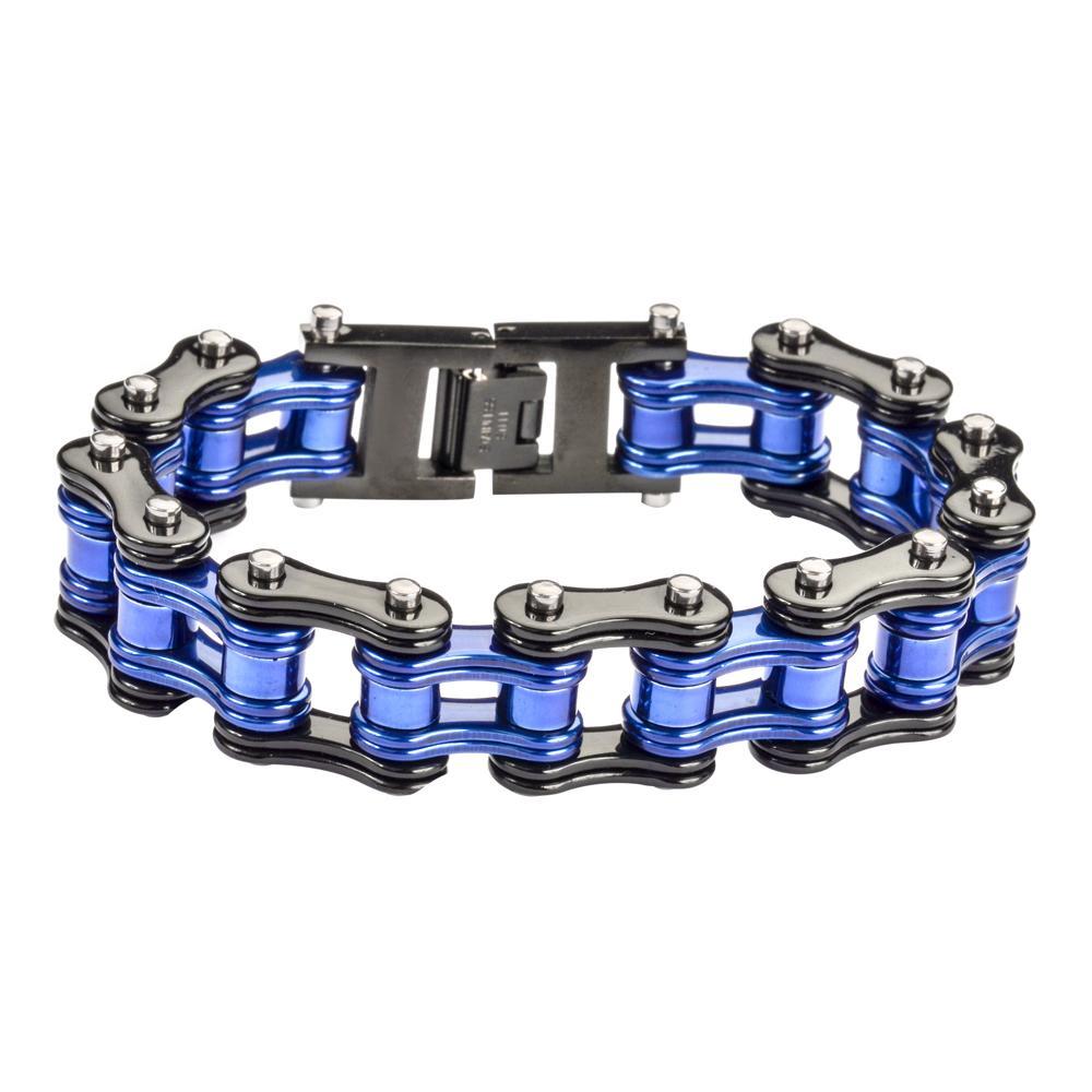 Two Tone Black Blue Police Special 3/4" Wide Double Link DesignUnisex Stainless Steel Motorcycle Chain Bracelet