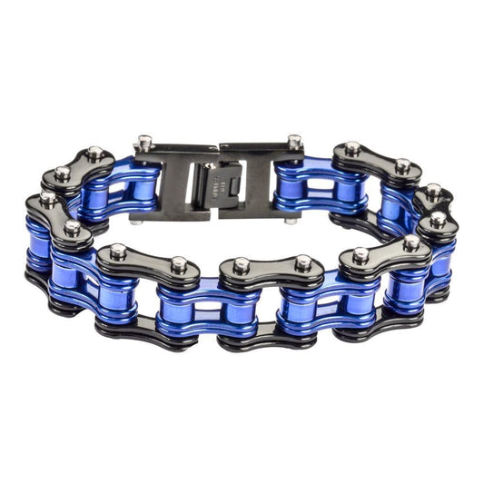 Two Tone Black Blue Police Special 3/4" Wide Double Link DesignUnisex Stainless Steel Motorcycle Chain Bracelet