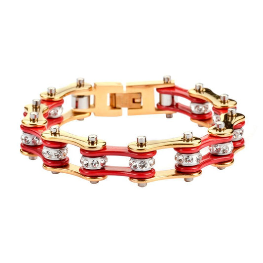 1/2" Wide Two Tone Gold Red with White Crystal Centers Stainless Steel Motorcycle Bike Chain Bracelet