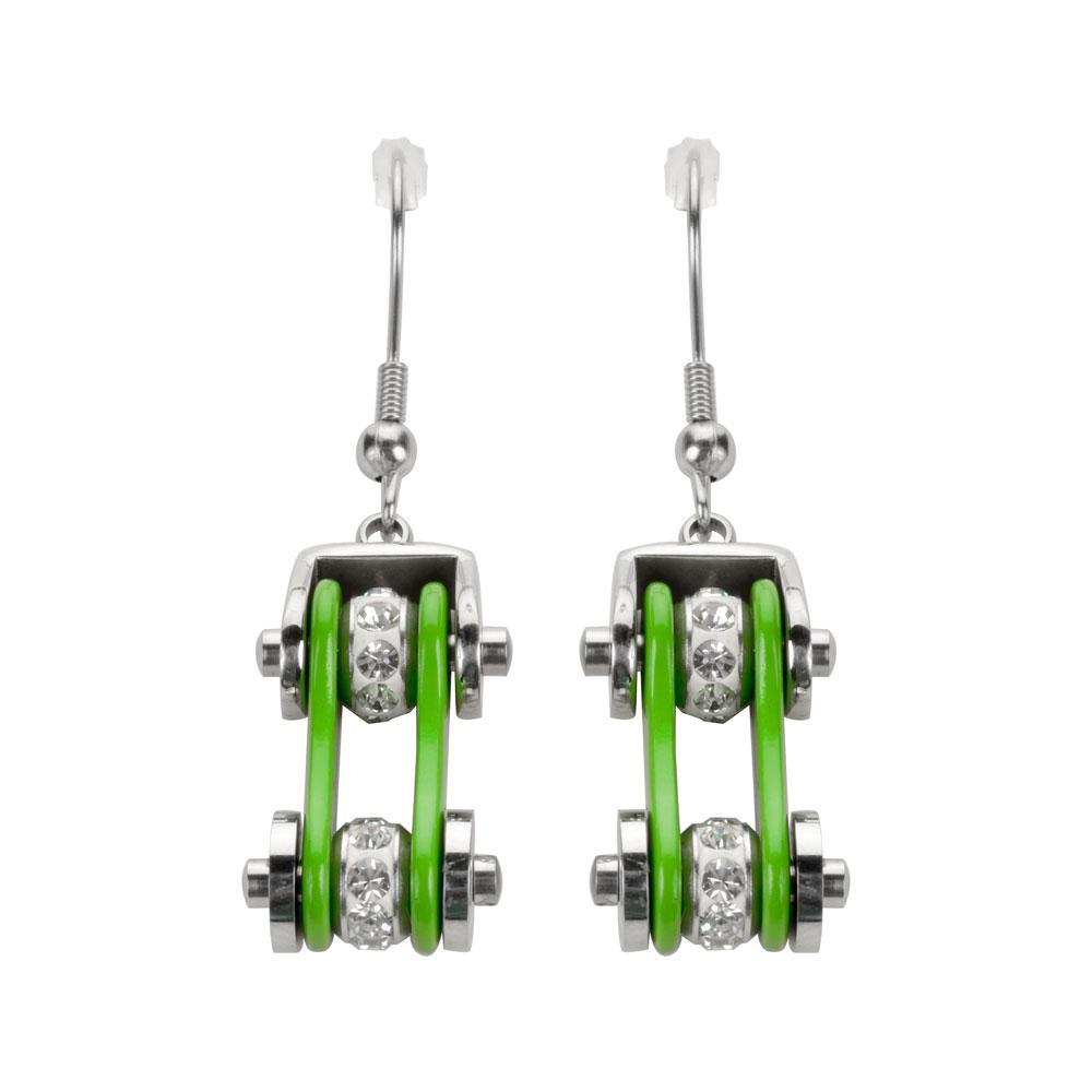 Two Tone Silver Green Silver Crystal Centers Bike Chain Earrings Stainless Steel Motorcycle Biker Jewelry