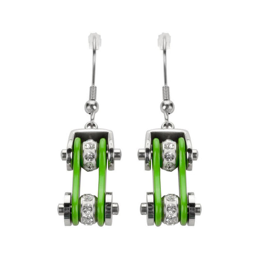 Two Tone Silver Green Silver Crystal Centers Bike Chain Earrings Stainless Steel Motorcycle Biker Jewelry