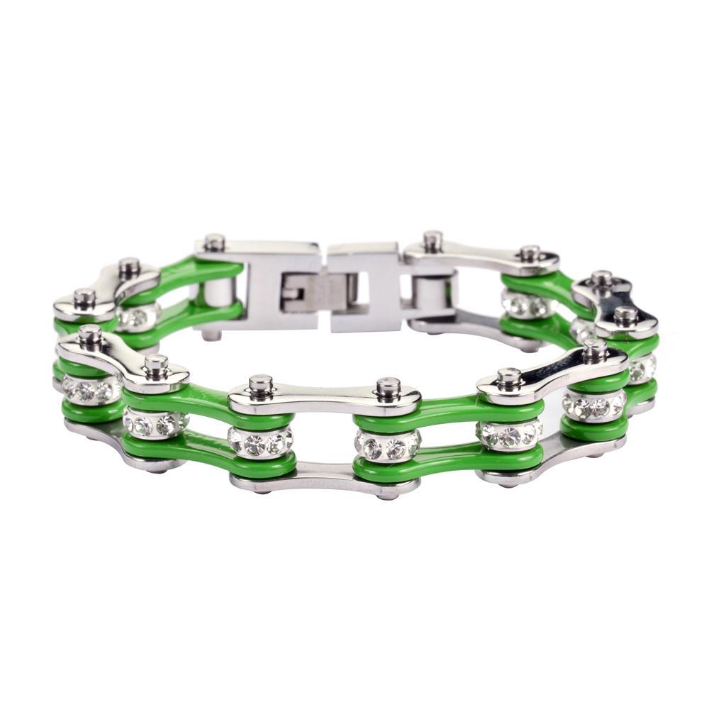1/2" Wide Two Tone Silver Green with White Crystal Centers Stainless Steel Motorcycle Bike Chain Bracelet