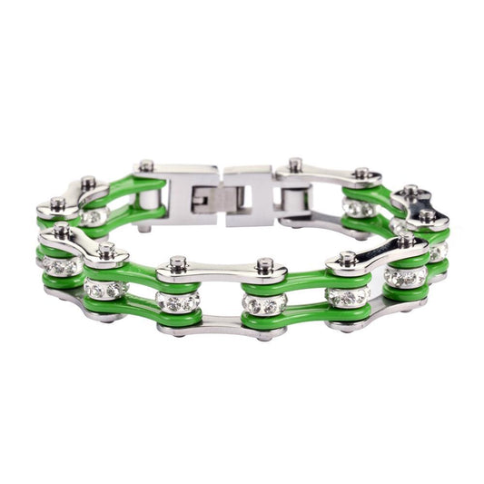1/2" Wide Two Tone Silver Green with White Crystal Centers Stainless Steel Motorcycle Bike Chain Bracelet