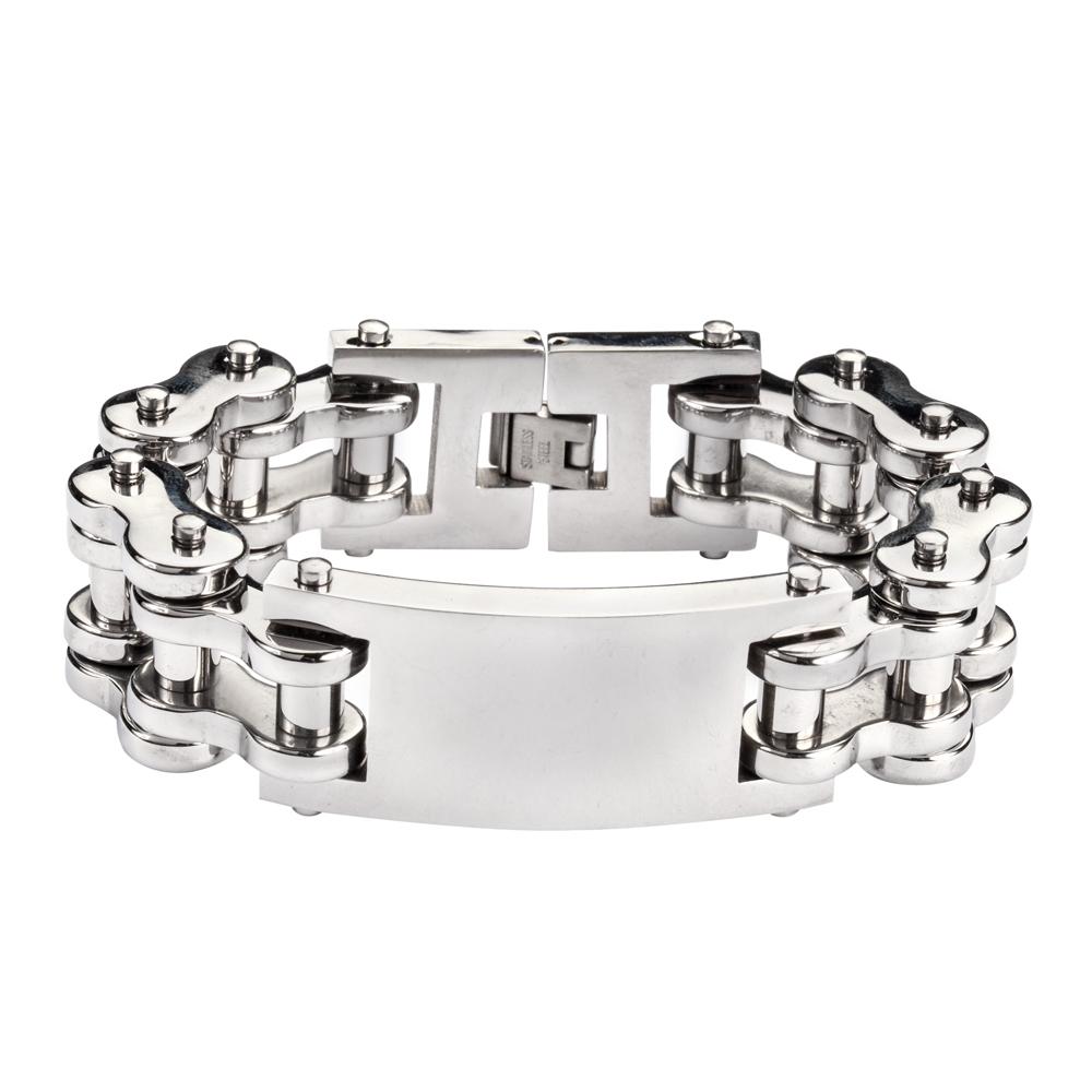 All Stainless 1" Wide I.D. Plate For EngravingUnisex Stainless Steel Motorcycle Chain Bracelet
