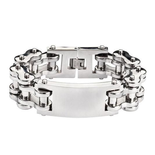All Stainless 1" Wide I.D. Plate For EngravingUnisex Stainless Steel Motorcycle Chain Bracelet