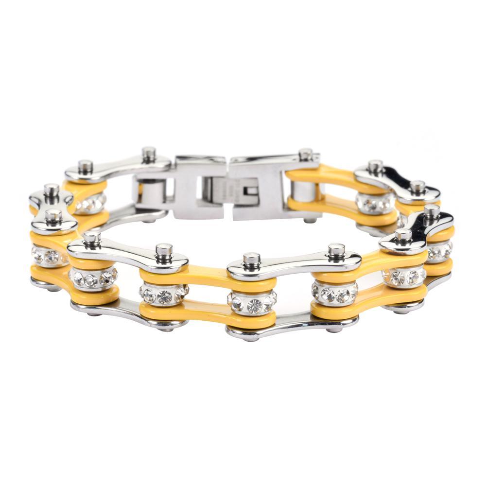 1/2" Wide Two Tone Silver Yellow with White Crystal Centers Stainless Steel Motorcycle Bike Chain Bracelet