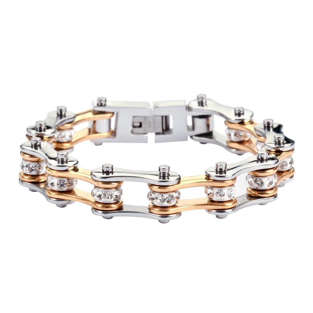 1/2" Wide Two Tone Silver Gold with White Crystal Centers Stainless Steel Motorcycle Bike Chain Bracelet
