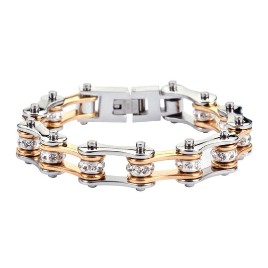1/2" Wide Two Tone Silver Gold with White Crystal Centers Stainless Steel Motorcycle Bike Chain Bracelet