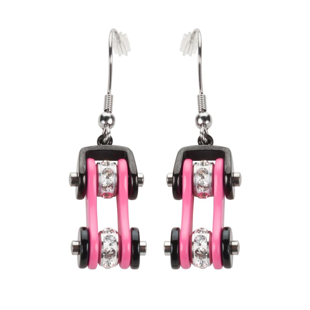 Two Tone Black Pink Silver Crystal Centers Bike Chain Earrings Stainless Steel Motorcycle Biker Jewelry