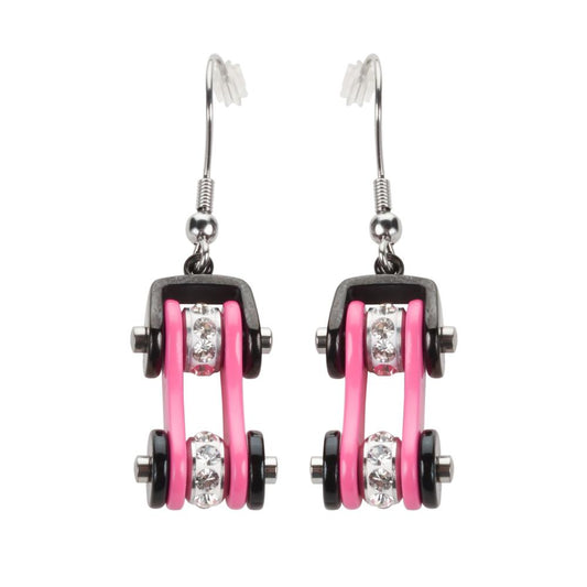 Two Tone Black Pink Silver Crystal Centers Bike Chain Earrings Stainless Steel Motorcycle Biker Jewelry