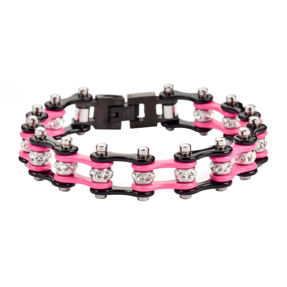 1/2" Wide Two Tone Black Pink with White Crystal Centers Stainless Steel Motorcycle Bike Chain Bracelet