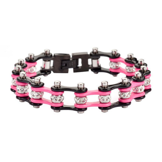 1/2" Wide Two Tone Black Pink with White Crystal Centers Stainless Steel Motorcycle Bike Chain Bracelet