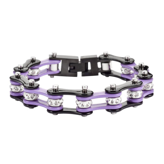 1/2" Wide Two Tone Black Violet with White Crystal Centers Stainless Steel Motorcycle Bike Chain Bracelet