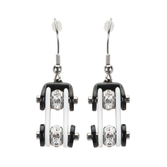 Two Tone White Black Silver Crystal Centers Bike Chain Earrings Stainless Steel Motorcycle Biker Jewelry