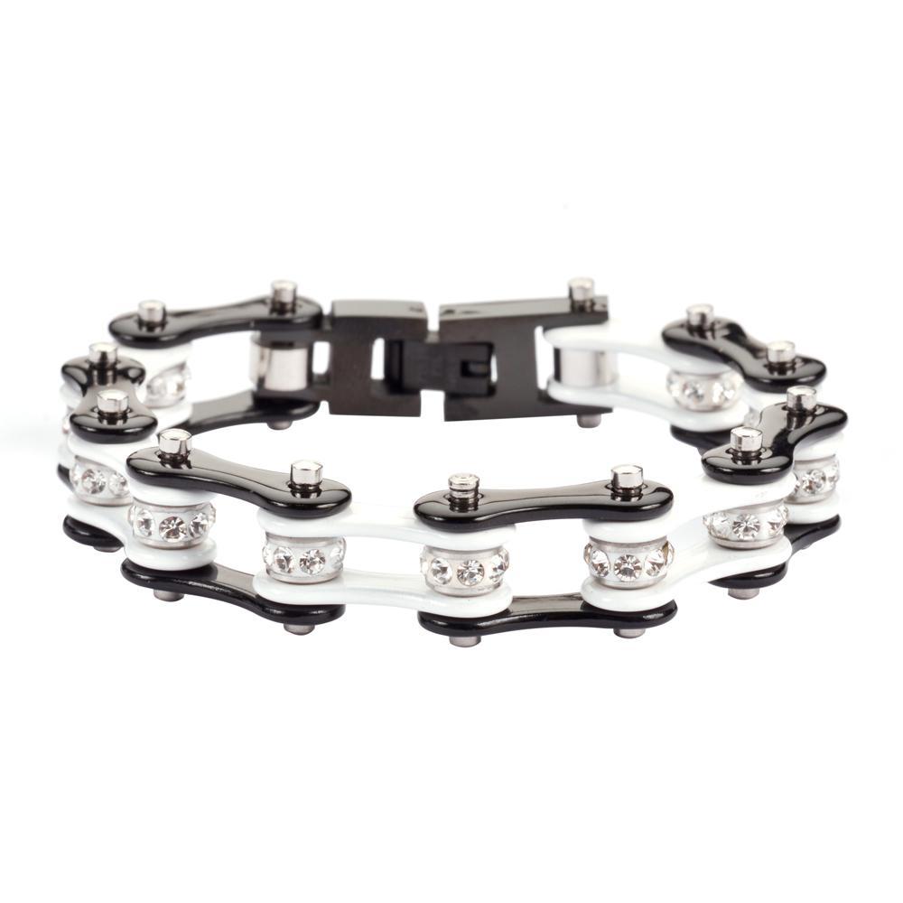 1/2" Wide Two Tone Black White with White Crystal Rollers Stainless Steel Motorcycle Bike Chain Bracelet