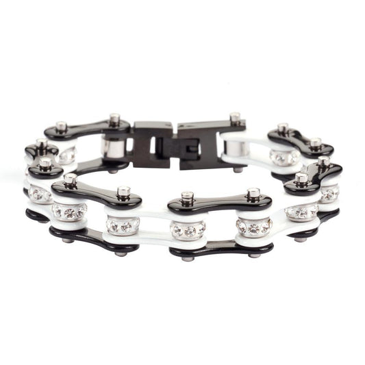 1/2" Wide Two Tone Black White with White Crystal Rollers Stainless Steel Motorcycle Bike Chain Bracelet