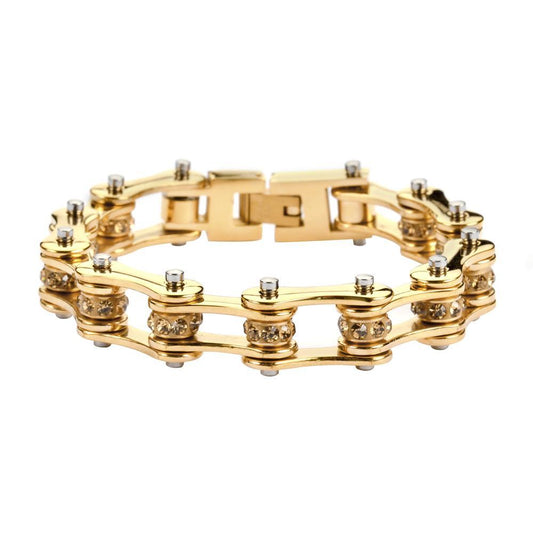 1/2" Wide All Gold with Gold Crystal Centers Stainless Steel Motorcycle Bike Chain Bracelet