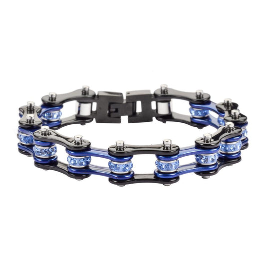 1/2" Wide Two Tone Black Blue with Blue Crystal Centers Stainless Steel Motorcycle Bike Chain Bracelet