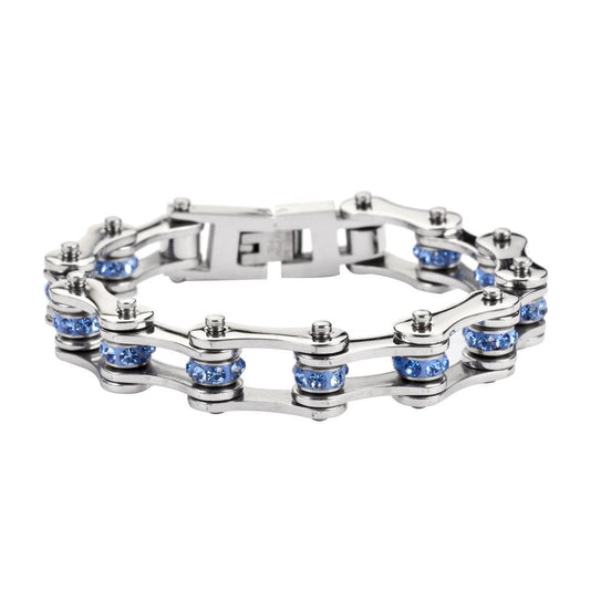 1/2" Wide All Stainless with Blue Crystal Centers Stainless Steel Motorcycle Bike Chain Bracelet